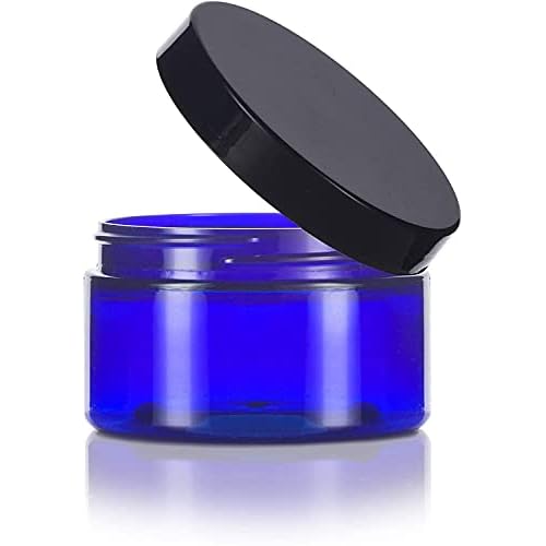 6 oz Cobalt Blue PET Plastic Jar With Black Smooth Lids (4 pack)