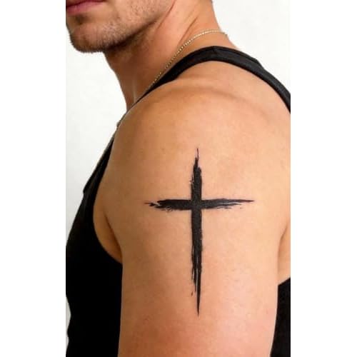 Semi Permanent Tattoo Men, 2 Sheets Realistic Cross Christian Temporary Tattoos for Men, Lasts 1 Weeks, Develops Fully in 48H, Waterproof and Non-Reflective, Cool Cross Tattoo