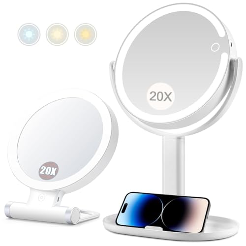 MIYADIVA Makeup Mirror with Lights, 20X Magnifying Mirror with Light and Touch Switch, Vanity Mirror with 3 Color Light