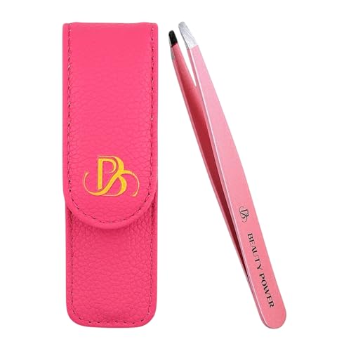 Professional Tweezers in Case - Slant, Durable Lightweight German Stainless Steel, Ultra Precision Tweezers for Eyebrows, Facial Hair, Chin, and Ingrown Hair Removal - Gift Idea - Pink