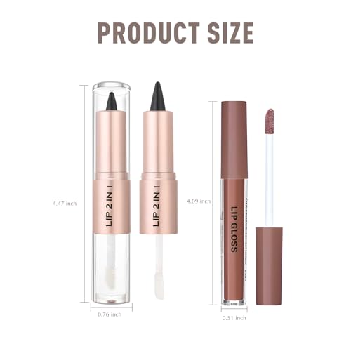 Lip Liner and Gloss Set, 2 in 1 Lip Duo Brown Lip Liner Pencil Nude Liquid Lipstick with Nourishing Lip Gloss Smooth Plumping Lip Kit High Shine High Pigmented Lip Combo Makeup for Women