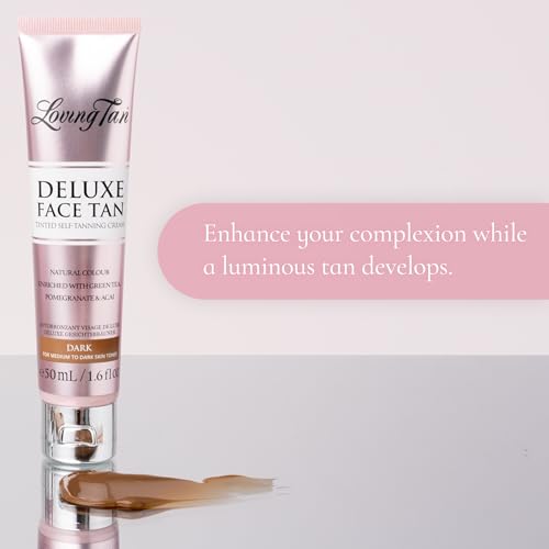 Loving Tan Deluxe Face Self Tanner, Dark - Streak Free, Natural, Professional Quality Sunless Tanning - 10+ Face Self Tanner Applications per Bottle, Cruelty Free, Naturally Derived DHA - 1.6 Fl Oz