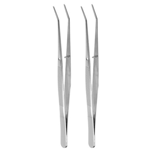 HARFINGTON 2pcs Stainless Steel Tweezers 6.1 Inch Long Handle Curved Serrated Tip Tweezers Multi Purpose for Craft Gardening Industrial Work Laboratory Use Cooking, Silver
