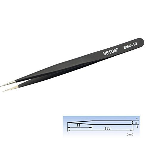 1 PC Vetus Pointed Perfect Craft Fine Angled Removal Stainless Steel Tip Straight Tweezers For Professional Grafting Eyelash extension False Eyelash Nail Art ESD-12