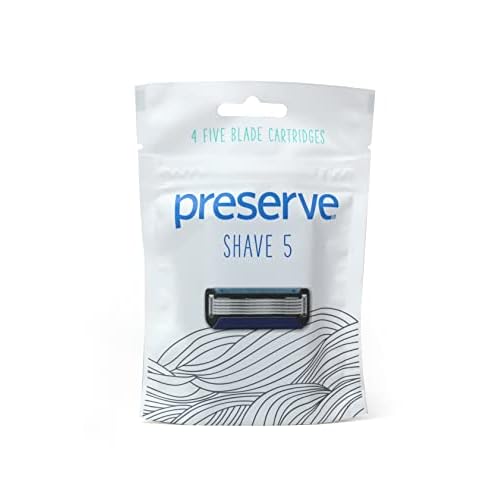 Preserve Shave 5 Five Blade Refillable Razor, Made from Recycled Materials, Neptune Green and Preserve Five Blade Replacement Cartridges for Preserve Shave Five Recycled Razor (4 Count) Bundle