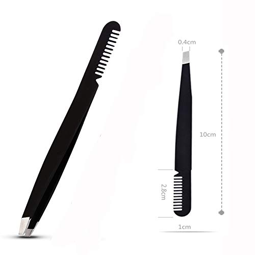 Eyebrow Tweezer with Comb - Tweezer Slant Tip, Professional Stainless Steel Slant Tip Tweezer - The Best Black Precision Eyebrow Tweezers