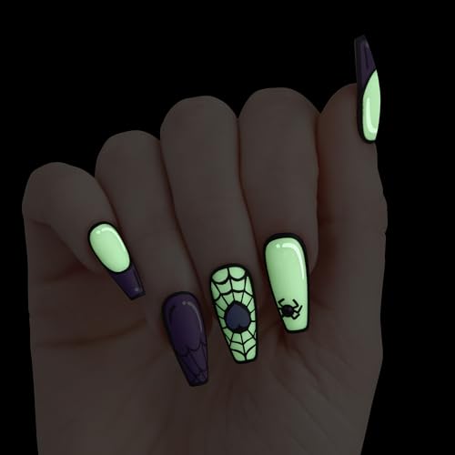 KISS Voguish Fantasy Halloween Press On Nails, ¡®Moonlit Magic¡¯, Purple, Long Coffin, Glow In The Dark Effect, Matte Finish, Pink Gel Nail Glue (2g), 28 Fake Nails