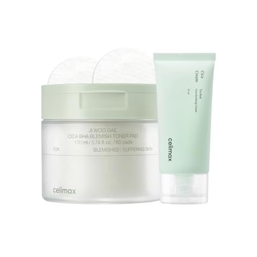celimax Ji.Woo.Gae Cica BHA Blemish Toner Pad (60 Pads) + The Real Cica Soothing Cream 50ml Bundle