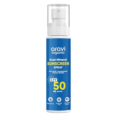 Aravi Organic Dual Mineral Sunscreen Spray SPF 50 | In-VivoTested | Broad Spectrum Protection | Fast Absorbing & Lightweight, Face and Body Sunscreen | Zinc Oxide & Titanium Dioxide - 3.38 FL Oz