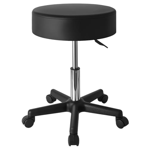 Hydraulic Adjustable Rolling Stool with Wheels, 360¡Æ Swivel Office Chair, 400LBS - for Salon, Tattoo, Barber, Massage, PU Leather, Easy-Clean, Whisper-Quiet Casters, Black