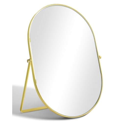 Vanity Desk Table Mirror, Adjustable Rotation Oval Tabletop Standing Makeup Mirror with Metal Framed for Living Room, Bedroom, Bathroom, Gold
