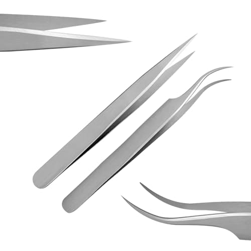 Splinter Forceps - Fine Point - Tweezers Stainless Steel Straight & Curved (Set of 8 Pcs W Magnifying Glass)