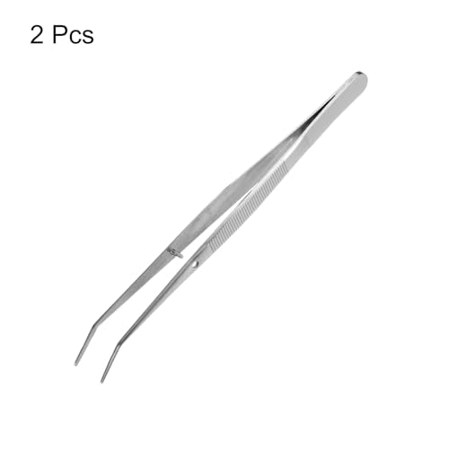 HARFINGTON 2pcs Stainless Steel Tweezers 6.1 Inch Long Handle Curved Serrated Tip Tweezers Multi Purpose for Craft Gardening Industrial Work Laboratory Use Cooking, Silver