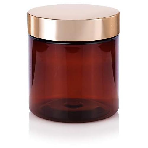 (12 Pack) 8 oz Amber PET Plastic Jar with Luxury Gold Metal Overshell Lid