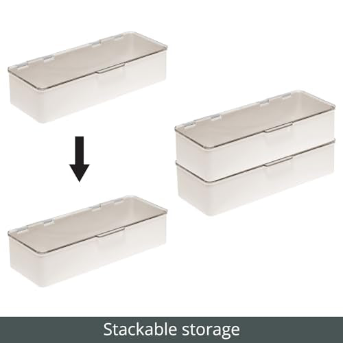 mDesign Long Plastic Cosmetic Storage Organizer Box Containers, Hinged Lid for Bedroom, Bathroom Vanity Shelf or Cabinet, Holds Masks, Palettes, Lotion, Nail Polish, 2 Pack, Cream/Beige/Clear