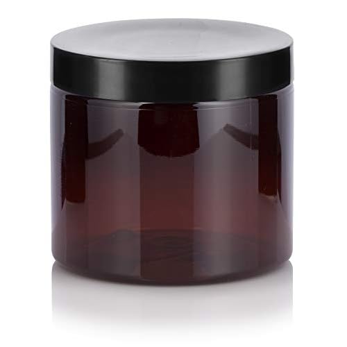 JUVITUS 16 oz Amber PET Plastic Refillable Jar With Black Smooth Lid (12 pack)