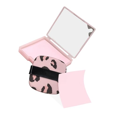 BOROLA 3-in-1 Oil Blotting Paper Set for Face Oil Absorbing Sheet with Portable Mirror & Adhesive Makeup Puff, Blotting Paper for Oily Skin, Design for Men & Women(100 Sheets, Pink Leopard Print)