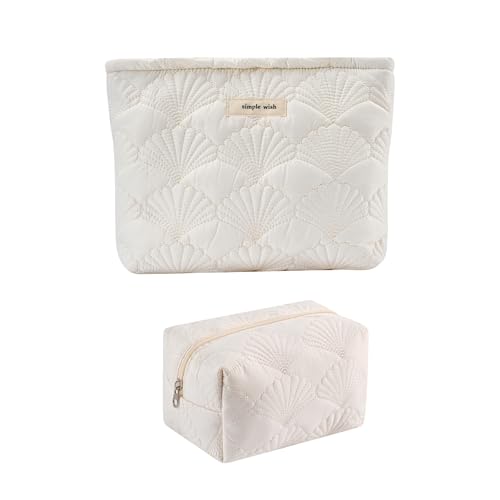 2Pcs Quilted Cotton Coquette Makeup bag, Coastal Granddaughter Aesthetic Cosmetic Bag, Cute Seashell Portable Travel Toiletry Pouch (2Pcs White)