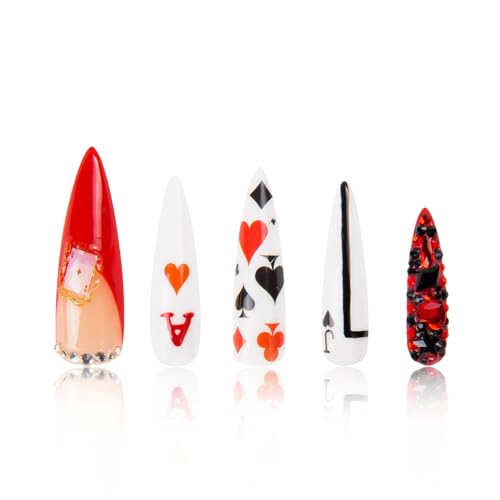 LOVFUL Press on Nails Poker Queen | Handmade with Full Covered Crystals | Reusable Fake Nails | Stiletto Mid Length 1.7 in | H102-M