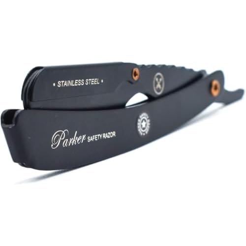 Parker SRXBLK Professional Stainless Steel Clip?Style Barber Razor ? Heavy?Duty Black Finish with 5 Refill Blades, Ergonomic Weight for Barbers & Straight Razor Shaving Enthusiasts