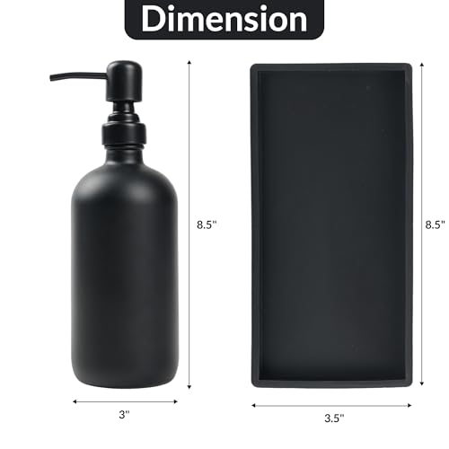 Ahill Soap Dispenser Set - Black Refillable Glass Bottle(2 PACK 16 Oz), Stainless Steel Pump, Waterproof Labels, Silicone Dry Tray - Upgrade for Your Kitchen and Bathroom