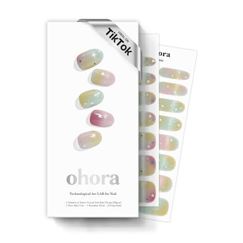 ohora Semi Cured Gel Nail Strips (N Starry Pop) - Works with Any Lamps, Salon-Quality, Long Lasting, Easy to Apply & Remove - Includes 2 Prep Pads, Nail File & Wooden Stick