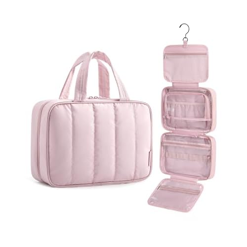 BAGSMART Travel Toiletry Bag for women, Portable Hanging Hook Makeup Bag Organizer, Waterproof Makeup Cosmetic Bag, for Full-Size Accessories, Toiletries, Pink