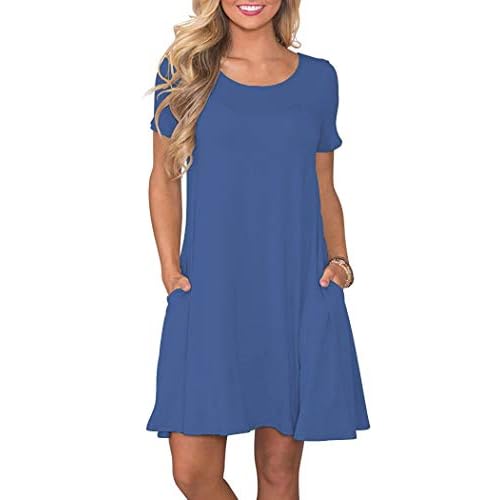 WNEEDU Women's Summer Casual T Shirt Dresses Short Sleeve Swing Dress with Pockets