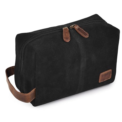 LEATHER VILLAGE Premium Leather Travel Toiletry Bag for Men & Women - Dopp Kit for Shaving & Bathroom Organizer for Travel & Daily Use - Black