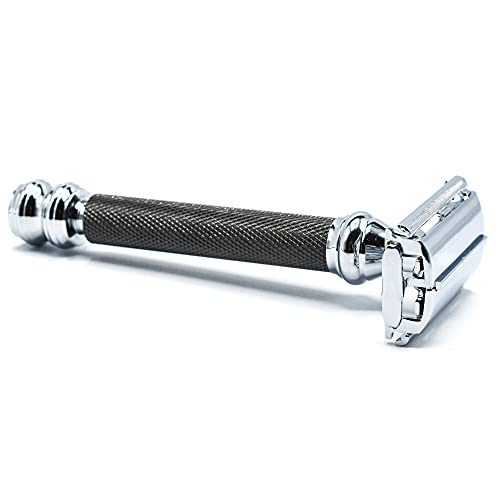 Parker 76R Heavyweight Butterfly Open Safety Razor ? Gunmetal Finish with Long Knurled Handle for Precision Wet Shaving