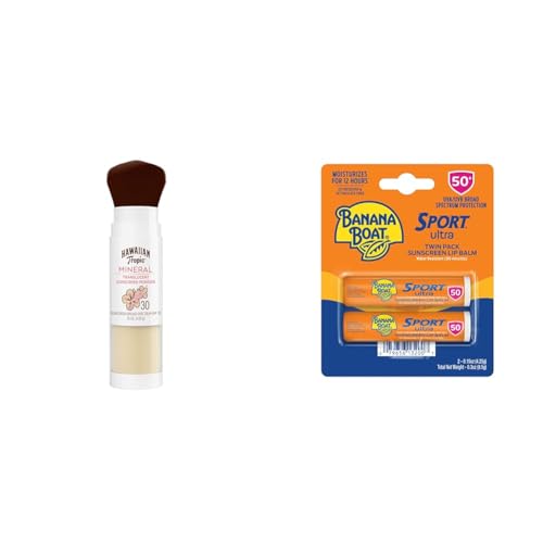 Hawaiian Tropic Mineral Powder Sunscreen Brush SPF 30 & Banana Boat Sport Ultra Lip Balm SPF 50 Twin Pack