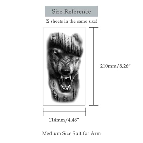 2 Sheets Realistic Animal Temporary Tattoos Stickers Forest Wolf Tree Designs For Men Waterproof Arm Leg Fake Body Art, Gym & Parties Bold Masculine Decals