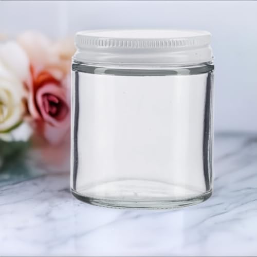 (6 pack) 4 oz / 120 ml Clear Thick Glass Straight Sided Jar with White Metal Airtight Lid