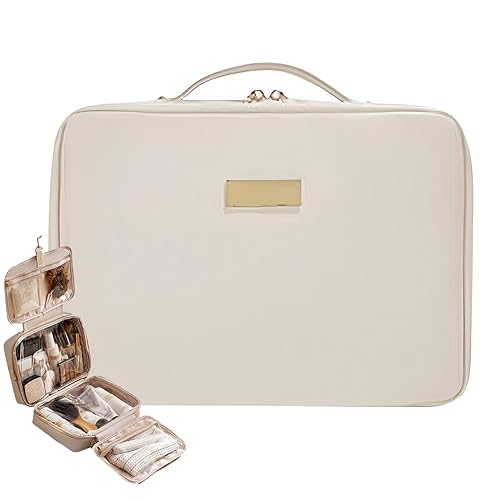 Portable Large Capacity Cosmetic Bag, Skincare Products, Makeup Brush Storage Bag, Double Layer Makeup Bag (Upgraded-White)