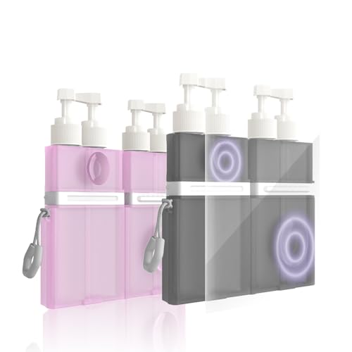4 in 1 Travel Dispenser Bottle, TSA Approved Refillable Shampoo and Conditioner Bottles Set with Suction Cup for Smooth Walls, Travel Size Toiletries Container for Body Wash/Lotion.(Pink+Grey) 2P