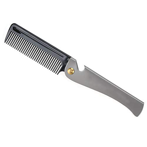 Pocket Folding Beard Comb Metal, Stainless Steel Moustache Comb with Smooth Round Teeth for Men Grooming and Beard Maintenance Tool (Black + Stainless Steel Plating)