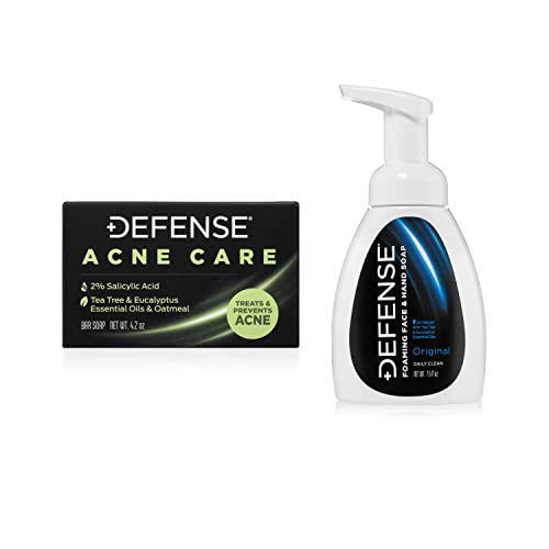 Defense Acne Care Bar Soap 4.2oz 2% Salicylic Acid & Liquid Foaming Face & Hand Soap 7.5 Fl Oz with Tea Tree, Eucalyptus, Jojoba, Aloe Vera, Olive & Coconut Oils