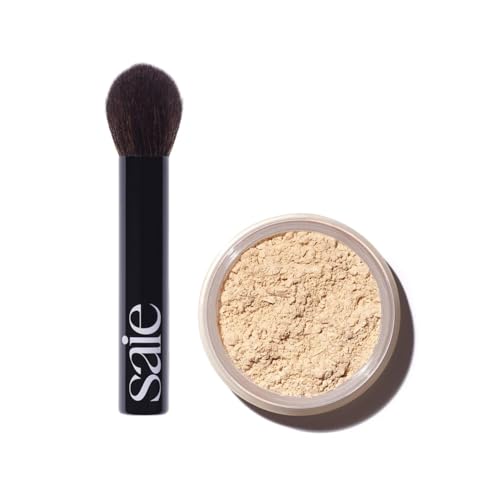 Saie Face Powder Duo, Light - The Fluffy Brush, Soft, Multi-Use Targeted Powder Brush With Tapered Tip & Airset Radiant Loose Setting Powder, Translucent (0.14 oz) - Vegan, Cruelty-Fee