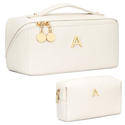 Birthday Gifts for Women Teen Girl, Personalized Initial Makeup Organizer Bag Set, Open Flat Travel Cosmetic Bag With Clear Divider and Handle(Large-Beige,A)