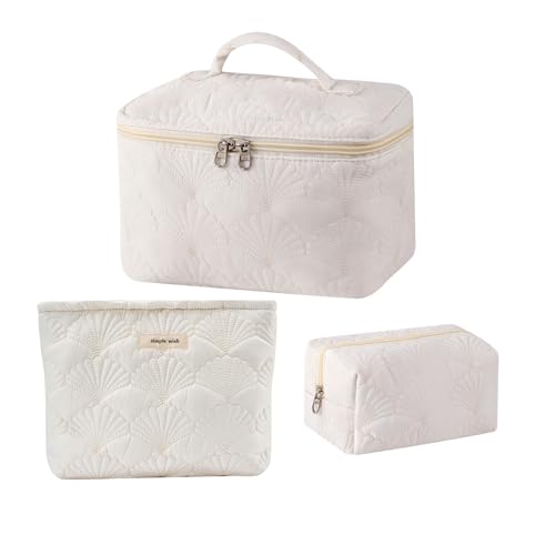 uekeboag 3Pcs White Quilted Cotton Makeup Pouch,Coquette Quilted Toiletry Bag for Women and Girls, Floral Coquette Organizer Bag, Aesthetic Travel Cosmetic Bags(3Pcs White Shell)