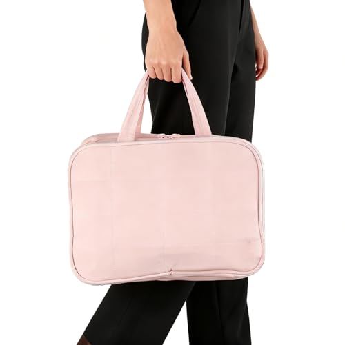 Travel Toiletry Bag for Women,Portable Hanging Makeup Organizer with Jewelry Organizer,Cosmetic Travel Bag for Toiletries,Full Sized Shampoo,Conditioner,Pink