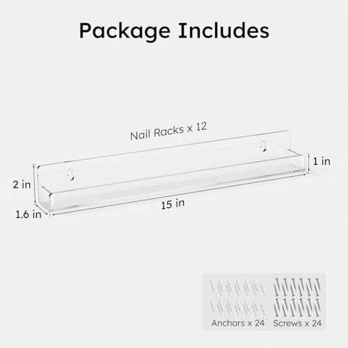 FEMELI Acrylic Clear Nail Polish Wall Rack: 12pcs Organizer Holder Display Shelves - 15 Inch