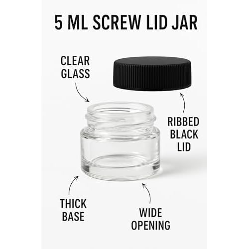 100 Pack 5ml Jar Screw Lid Black - Small Glass Cosmetic Packaging Container for Cream, Wax, and Balms