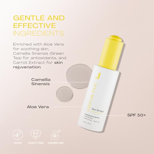 JESS BEAUTY | Face Sunscreen Sun Drops SPF 50 Skin Care Oil with Camellia Sinensis & Squalane | Skincare Fast Drying 1 fl. oz