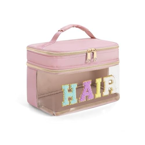 Fasrom Double Layer Hair Accessories Organizer, Preppy Patch Makeup Bag with HAIR Chenille Letter, Portable Travel Cosmetic Pouch Clear Toiletry Case for Women Girl, Pink(Bag Only, Patent Design)