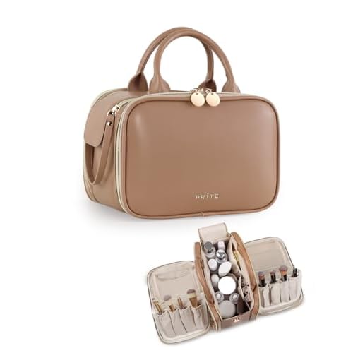 Prite Makeup Bag for Women, Large Capacity Waterproof Travel Cosmetic Organizer, Portable Open Flat Toiletry Bag with Free-standing Brush Holder and Handle(Brown Large)