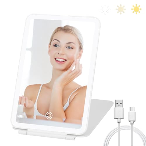 Travel Makeup Mirror with 3 Colors Light Modes, Folding Vanity Mirror with Lights, Adjustable Brightness, USB Rechargeable, Portable, Ultra Thin (White)