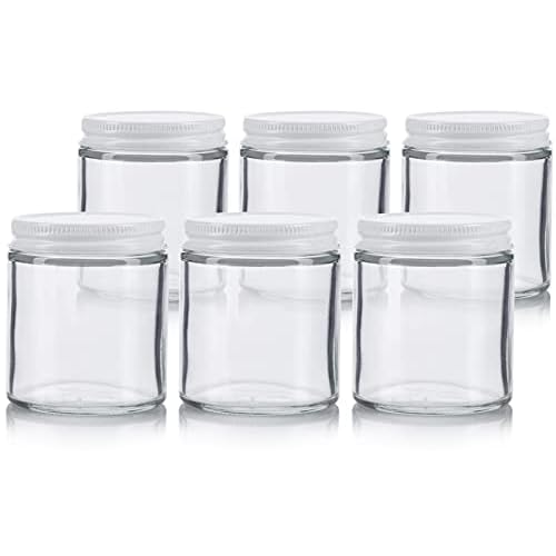 (6 pack) 4 oz / 120 ml Clear Thick Glass Straight Sided Jar with White Metal Airtight Lid