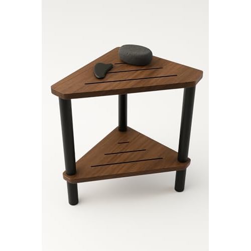 Corner Teak Shower Stool for Shaving Legs with Black Pine Wood Legs ? Small Teak Shower Seat for Inside Shower, Corner Seat, Bath Stool with Pumice Stone & Gua Sha, Multi-Use Side Table, Corner Shelf