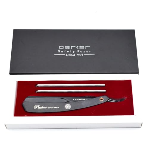 Parker PTABK Adjustable Stainless-Steel Barber Razor | 3 Blade Exposures (Low/Medium/High) | Straight Shavette with 5 Premium Platinum Refills | Black Stainless Steel Handle